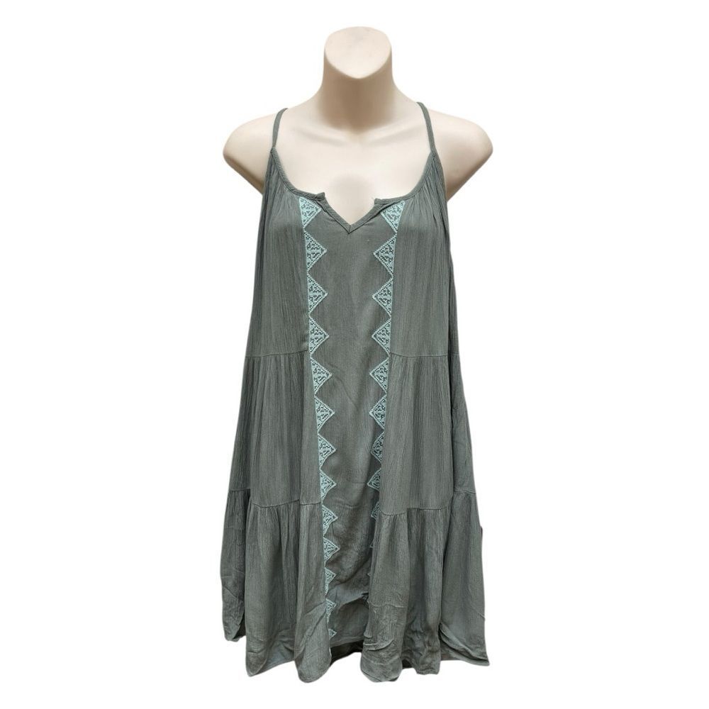 Mudd Boho Mini Dress Womens Medium Green Embroidered Flowy Spaghetti Strap